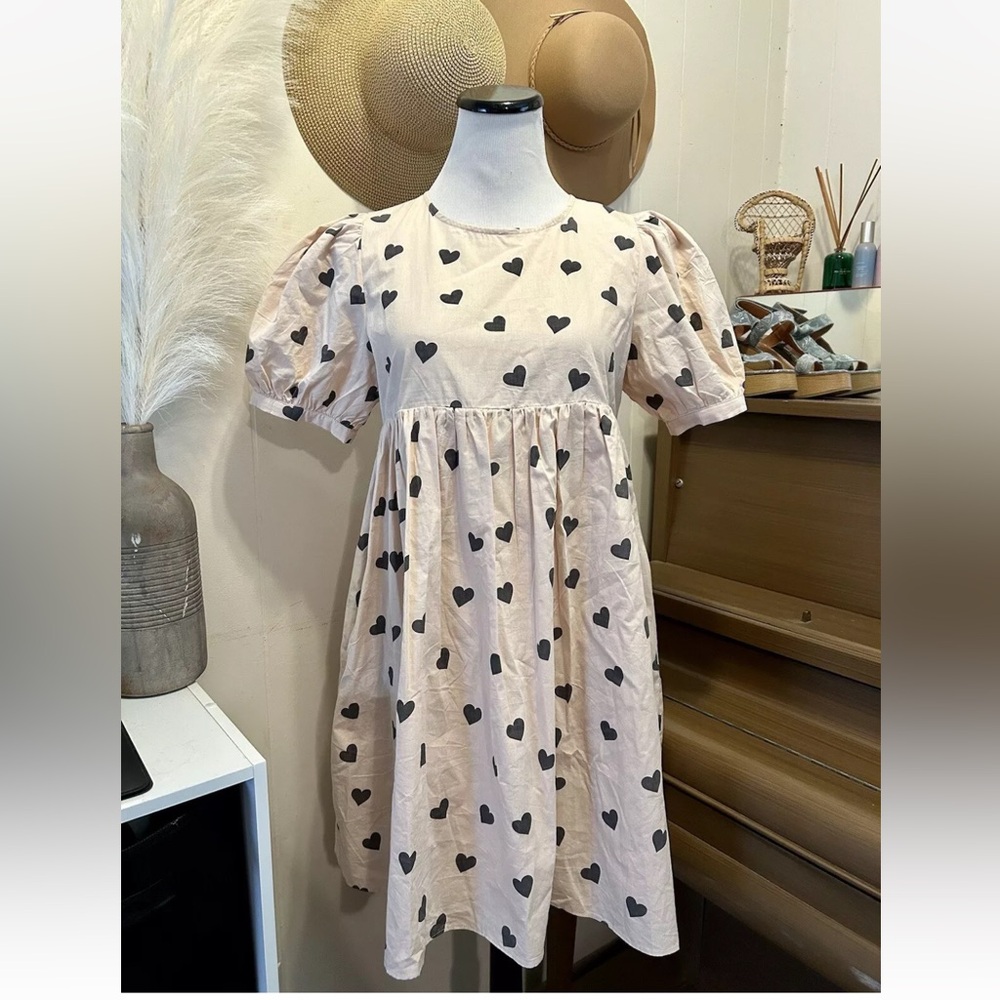 English Factory Biege & Black Heart Print Baby Doll Dress Size S